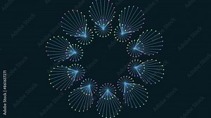 Circular pattern of dots and lines on a black background, forming a symmetrical design. Dots arranged in a circular shape, connected by lines