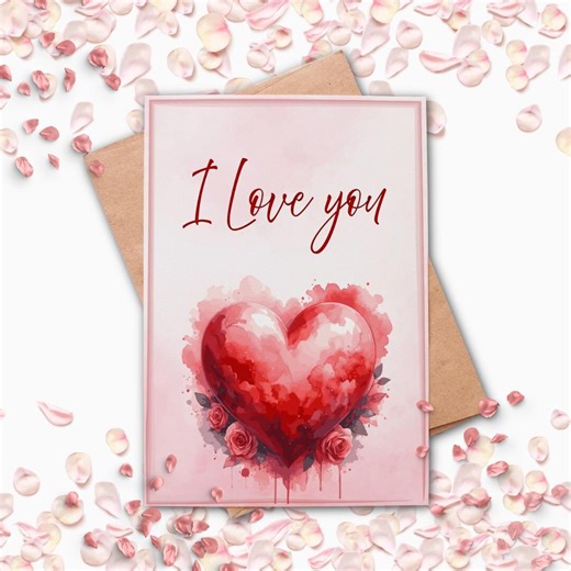 I Love You Printable Card 5x7 Romantic Heart Watercolor Folded PDF - Etsy