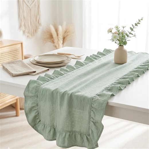 Ruffled Table Runner, Modern Boho Table Linen, Romantic Cottagecore Dining Decor, Dusty Pink Cotton Table Runner With Ruffles Extra Long - Etsy