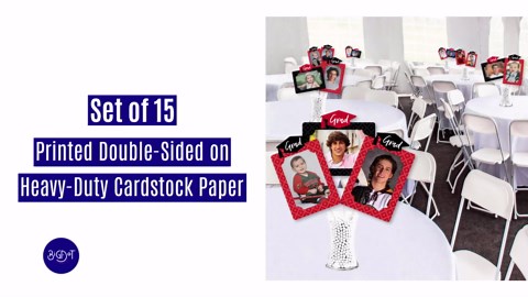 Graduation Photo Display Centerpiece Kit - 15 Double-Sided Photo Table Topper Sticks, Vertical and Horizontal 4x6 Picture Holders, DIY Party Decoration Set - Red Grad