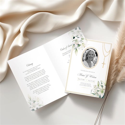 Catholic Editable Funeral Program Template, Floral Memorial Service Invite Cross, Printable Celebration of Life Card, Elegant Booklet F005 - Etsy