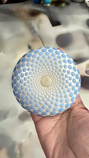 Custom ombré mandala stone in soothing blues. This might be the prettiest stone I’ve painted in a while. That @decoart dazzling metallics white pearl base gives it a beautiful shimmery soft glow. I decided not to do microdots. What do you think? | MandalaDoc