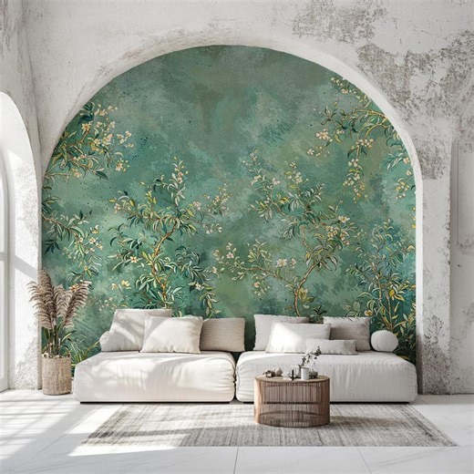 Green Chinoiserie Wallpaper, Enchanted Asian Garden Mural, Slender Trees and Plants Mural - Removable Peel Stick and Traditional - Etsy
