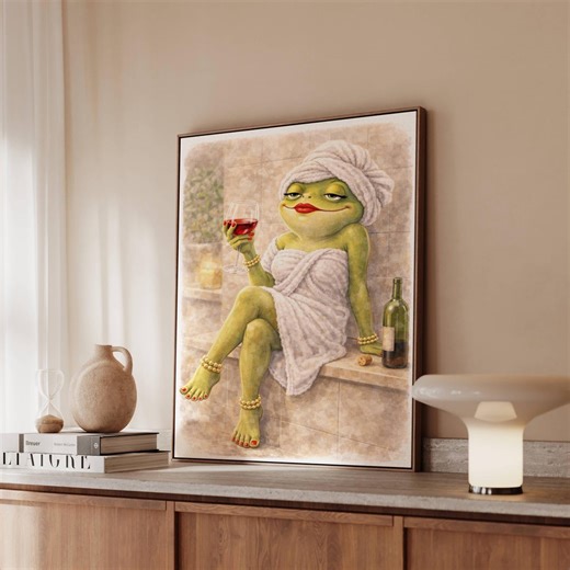 Sassy Spa Frog With Wine | Funny Self Care Bath Aesthetic, Relaxing Frog Lifestyle Art - Etsy
