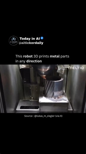 Today in Ai on Instagram: "Meltio has developed a robotic metal additive manufacturing system that transforms an industrial robot arm into a precision 3D printer. The ABB robot arm, equipped with a Meltio laser deposition head, can print complex metal parts with unprecedented geometric freedom. The system demonstrates multi-axis printing capabilities, creating intricate parts like propellers, bowls, branching structures, and helical patterns. Unlike traditional 3D printers limited to planar laye