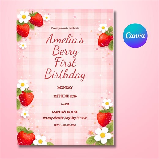 Berry First Birthday Invitation, Strawberry 1st Birthday Girl, Berry Sweet One Party, Editable Canva Invite, Digital Download - Etsy