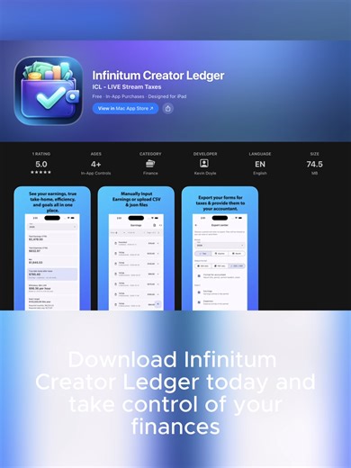 Making money on TikTok LIVE but unsure what you’ll owe in taxes? 💸 Infinitum Creator Ledger helps LIVE creators track diamond earnings, log expenses, and estimate taxes in real time — all in one clean dashboard. No more guessing. No more messy spreadsheets. Built specifically for streamers and creator networks who want to stay compliant and keep more of what they earn. Download today and take control of your creator income. #TikTokLIVE #CreatorTools #ContentCreator #InfluencerLife #LIVECreator