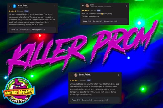 Everyone is loving “Killer Prom”! ⚡️ Come see for yourself why it’s the most electrifying night here in Pigeon Forge! 🪩💃 Check out our schedule to see when you can catch “Killer Prom”! Get your tickets here: https://Murdermystery-pigeonforge.com/schedule/ or call our box office! at (865)-908-1050 | Great Smoky Mountain Murder Mystery Dinner Show