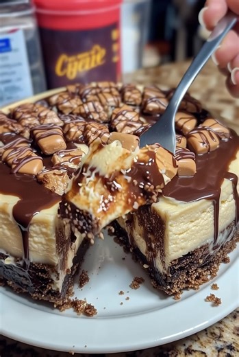 14K views · 20 reactions | Reese’s Peanut Butter Explosion Cheesecake A rich, creamy peanut butter cheesecake topped with chopped cups, chocolate drizzle, and peanut butter sauce. Yield: 10 slices | Temp: 325°F (160°C) | Time: 1 hr 20 min + chill Key Ingredients First Cream cheese Peanut butter Mini Reese’s cups Chocolate cookie crumbs ....................... FULLL Recipe in First Cօʍʍеոτ  | Meal Prep Recipes | Facebook