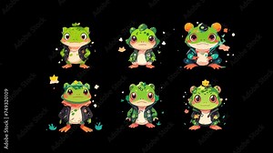 Black screen overlay animation icon of image displays six different cartoon-style frog characters, each with unique colors and accessories