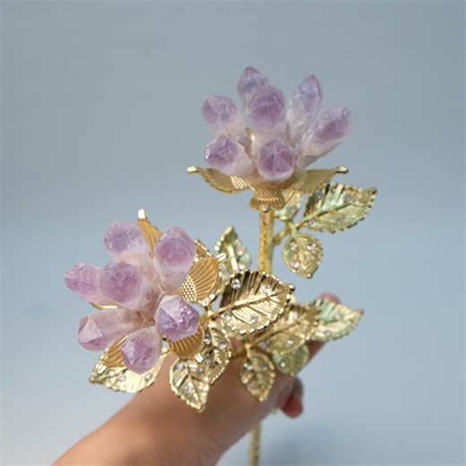 Amethyst Cluster Flower With Long Golden Stem & Diamond Decoration – Elegant Crystal Sculpture - Etsy