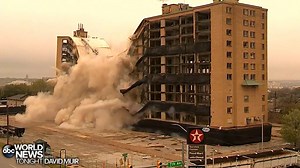 IN A FLASH: A once-prominent Fort Worth high rise came down with a boom Sunday morning, leaving mushroom clouds of dust in its wake. The luxury complex-turned assisted living facility sat on prime real estate - its vacancy may garner high interest from developers. http://abcn.ws/19viSgp | ABC World News Tonight with David Muir