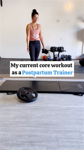 My postpartum core is STRONG — but I built it safely 💪🏼 This is my current core workout as a postpartum trainer - these movements challenge stability, balance, and deep core strength. If you’re going to try it, regress where needed and focus on form first. If you have DR, please try one of my beginner workouts ❤️ ✅ Plate Overhead Heel Taps (with ankle weights) - lower abs posture ✅ Ab Wheel Rollouts - full core engagement ✅ Overhead Dumbbell Standing March - anti- rotation balance ✅ Plate Farm