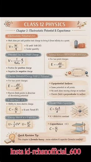 Class 12 Physics Chapter 2 formula revision⚡| Electrostatic Potential & Capacitance#physics#science