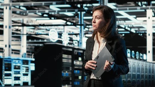 Data center female programmer creating digital twin scan to optimize server load balancing, VFX compositing. Server hub worker using AR simulation and device to adjust system parameters, camera B