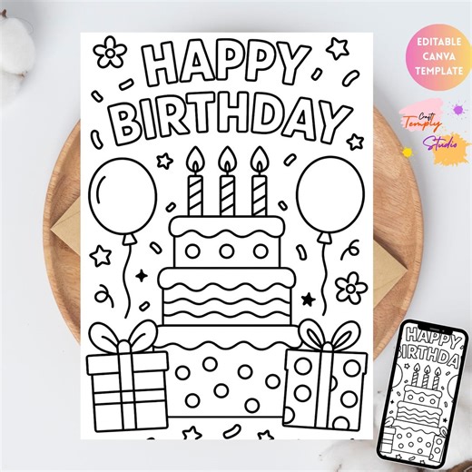 Happy Birthday Coloring Card DIGITAL | Colouring Greeting Card for Kids | Instant Download | EDITABLE Printable File Download - Etsy