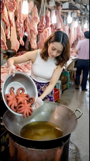 🐙 Fresh Catch & Fire! 🔥 Chef dropping a massive bowl of fresh octopus straight into the deep-fry wok at the market! This is pure #StreetFood magic in action. Look at those tentacles—they are about to become the crispiest, most delicious snack! 🤤 Who's hungry for some perfectly fried #Seafood? 👇 #Octopus #FoodieAdventures #MarketFinds #AsianCuisine #DeepFry #WokLife #Delicious #FoodPhotography #TravelFood | Asian Street Food Bazaar
