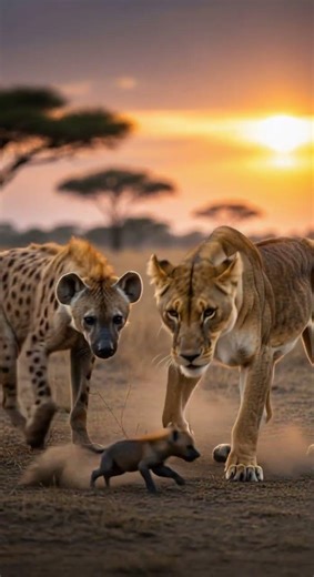 Lion adopts a hyena pup surprising friendship unfolds #wildlife #animalfriends #nature