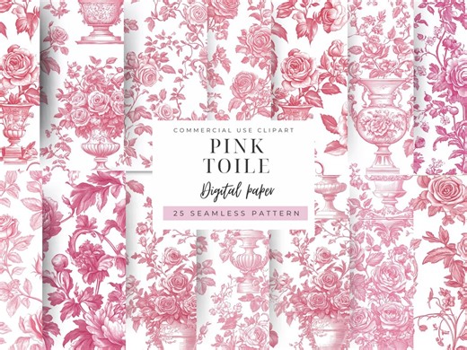 Pink Toile De Jouy Digital Paper, Seamless Floral Toile Pattern, Elegant French Pink Background, Scrapbook and Junk Journal Paper - Etsy