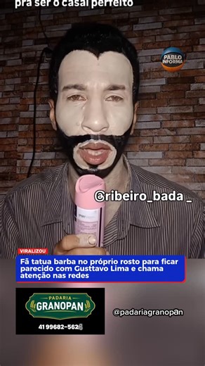 Pablo Braz on Instagram: "Um vídeo que circula nas redes sociais tem repercutido ao mostrar um fã do cantor Gusttavo Lima tatuando o próprio rosto com uma barba, na tentativa de ficar fisicamente parecido com o artista. As imagens mostram o homem exibindo o desenho no rosto, o que gerou surpresa e uma enxurrada de comentários. Apesar da repercussão, a suposta tatuagem não é definitiva. Segundo informações divulgadas junto ao vídeo, trata-se de uma brincadeira com efeito temporário, usada apenas 