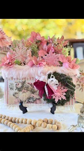 11 reactions | I smashed a popcorn tin and created this beautiful pink tin filled with pink goodness and a pink boujee Santa print. Vintage Fabric, vintage lace, and fur all thrifted. I used the lid from a cookie tin to create the pretty matching hanging ornament. I used stickles glitter glue to add sparkle. #pinkchristmas #pinksanta #vintagefabric #thriftedstyle #SmashCan #smashedcan | Straight Jacket Crafting by Jen | Facebook