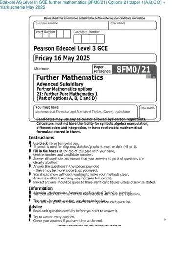 Pass Your Exams EDEXCEL As Level Further MathemATIcs 8fm0 21 May 2025