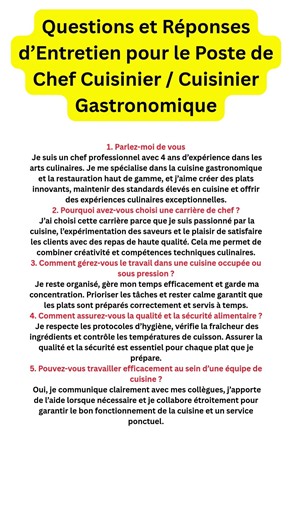 Questions et Réponses d’Entretien pour le Poste de Chef Cuisinier / Cuisinier Gastronomique