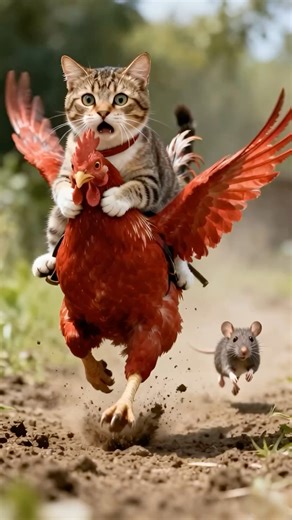 Cat rides a rooster chasing a mouse…While the dog chase them all!😹🐭🐶🐔 #AIcat #funnyshorts #cat