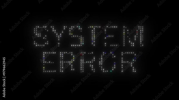 SYSTEM ERROR text made from symbols with technology glitch effect. Looped hacking animation, cybercrime concept. SYSTEM ERROR glitch notification, ASCII typography. Security breach.