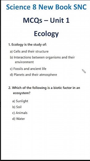8 Science Unit 1 MCQs Part 1 | What Does Ecology Study? | Biotic Factor in Ecosystem?