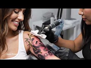 Inside the Tattoo Factory : The Process of Making a Panda Tattoo on a Beautiful Woman's Arm