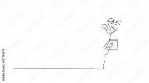 Animation of one line drawing of young energetic muay thai fighter man exercising at gym fitness center. Combative thai boxing sport concept. Continuous line self draw animated. Full length motion.