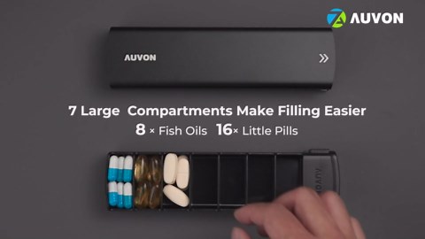 AUVON Metal Weekly Pill Organizer with Slide Design, Stylish Travel Pill Box 7 Day for Privacy Protection, Aluminum Alloy Pill Case with Large Compartment for Supplements, Fish Oil (Black)