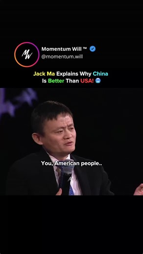 Momentum Will ™ | Business | Wisdom on Instagram: "“China Saves. America Spends.” — Jack Ma 🇨🇳💸 In one sharp sentence, Jack Ma highlights a mindset gap between two economic giants. 🇺🇸 America runs on debt, consumerism, and credit cards. 🇨🇳 China is built on saving, resilience, and long-term thinking. One culture chases instant gratification. The other plays the long game. ⏳🧠 And when things go wrong? Jack Ma puts it bluntly: “Every time you think China is in trouble… we come back stronge