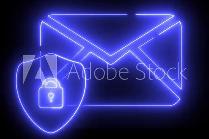 An animation with a neon light effect of a mail envelope icon with a shield and a padlock.