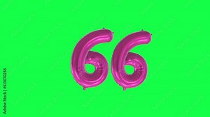 Helium Number Balloon With Number 66. Green Screen And Alpha Luma Matte Channel. Loop Animation.
