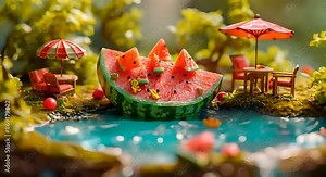 Watermelon floating in the air, cartoon-style miniature world, high resolution, and high detail. Super-fine photography with bright background colors, featuring a watermelon slice pool with chairs