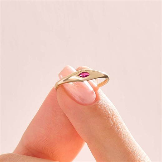 14K Solid Gold Marquise Ruby Signet Pinky Ring, Slim Minimal Band Jewelry, Birthday Gift for Women - Etsy