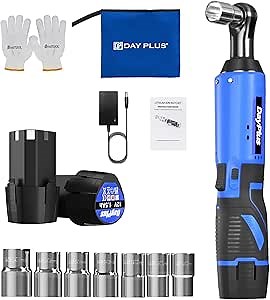 Cordless Electric Ratchet Wrench with LED Light, 12V Battery Powered Ratchet 3/8 Electric Socket Wrench Driver with 2 Packs 1500mAh Battery, 7 Sockets, Charger (Blue)