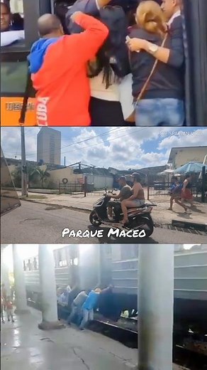 Transportation in Havana is chaotic. People are pushing a train.