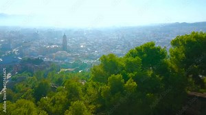 Panorama of Malaga old town, coast, mountains, port and modern district from the Gibralfaro castle, Malaga, Costa del Sol, Spain