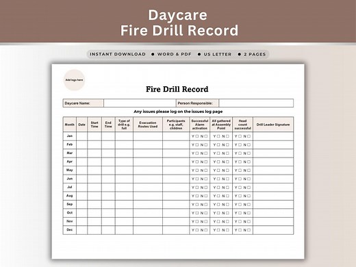 Childcare Fire Drill Record Template Monthly Emergency Evacuation Drill Log Sheet Fire Safety Checklist Compliance Documentation Printable - Etsy