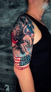 It’s never too late for a tattoo… read story below : My client just turned 57 years old and finally decided to get his 1st tattoo. He has been considering a tattoo for 20 years and finally decided to look for tattoo artist in Fontana to do his idea. He wanted an American eagle holding an American flag in the air. So that’s what we came up with. The design was made in front of him so the input was easy and customer to his liking. This was 2 days back to back. A process that I love to do for large