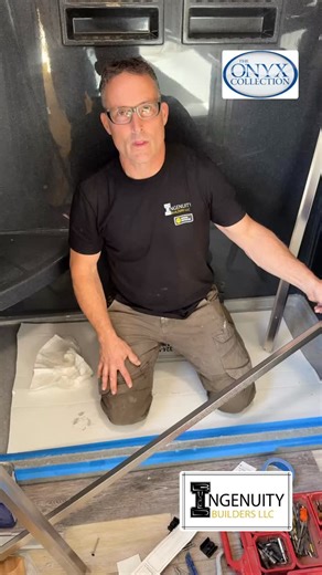 Installing the Onyx shower base track with a pro tip: press down in the middle first, then the edges for a tight, gap-free seal. #TipsFromKindal #IngenuityBuilders #OnyxDoorInstall #OnyxShowers #BathroomTips #CarpentryCraft | Ingenuity Builders LLC
