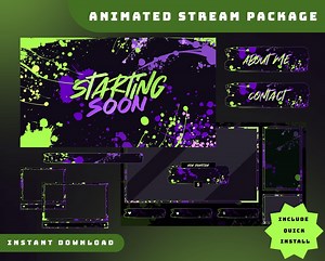 Ink Splatter Animated Stream Overlay Package, Purple and Green Stream Package, Graffiti Design Stream, Dark Theme Twitch Overlay, Grunge Art - Etsy