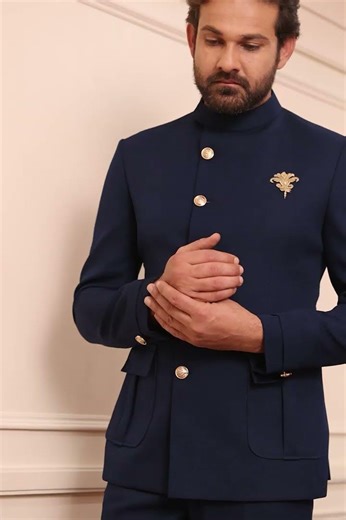 Navy Blue Jodhpuri Suit for Men | Regal Indo-Western Wedding Outfit 👑 #andaazfashion #mensfashion