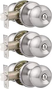Probrico(3 Pack Bed/Bath Room Round Door Knob,Privacy Function for Bathroom/Bedroom,Interior Door Door Lock Handle Satin Nickel Finish, Keyless(Thumb Turn Lock on The Inside) Door Handles Locks