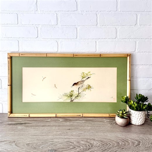 Vintage Asian Style Bird Print, Bamboo Framed Chinoiserie Watercolor, Nature Wall Art, Asian Print, Avian Nature Decor, Zen Minimalist Decor - Etsy
