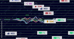 Multi color waveforms crossing center on UI causing icon bubbles floating, pulsing live data Stock Video