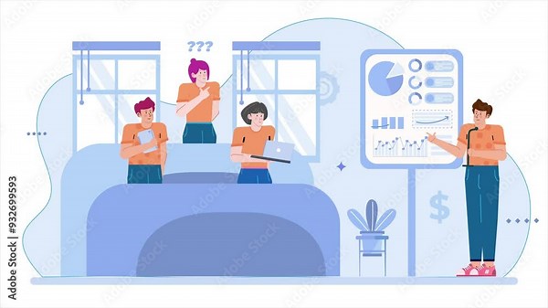 people engages with data on a screen, showcasing teamwork and communication in a modern setting illustration business animated video